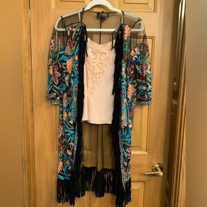 (Sold)Shyanne Embroidered Fringe Kimono Small